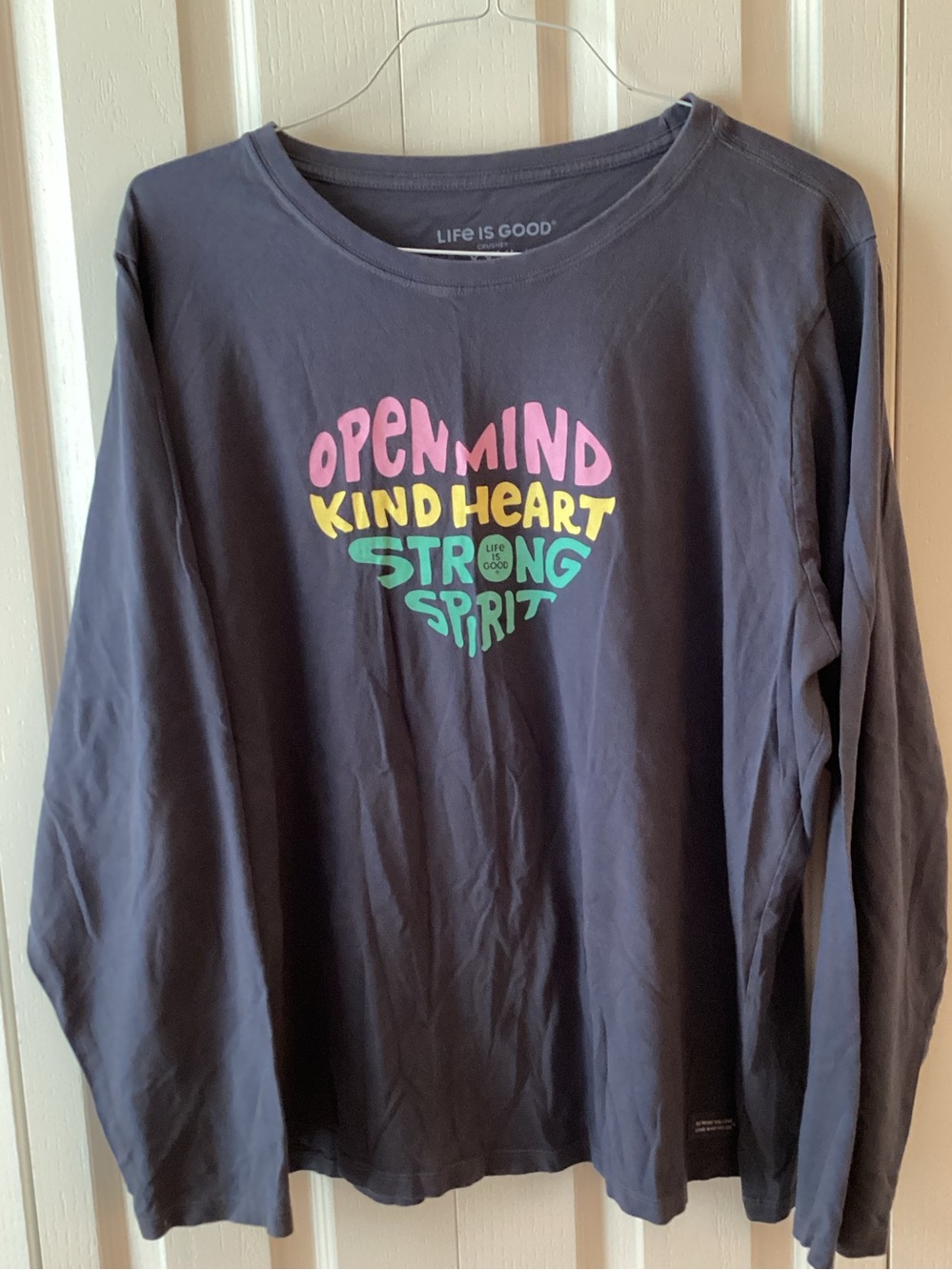Life Is Good Navy Long-Sleeve Tee with Pink, Yellow & Green Heart Graphic
